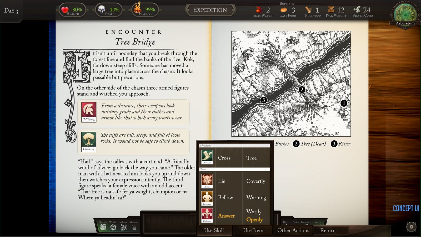 The Hero of Deathtrap Dungeon Screenshot - Tree bridge encounter: text and illustration