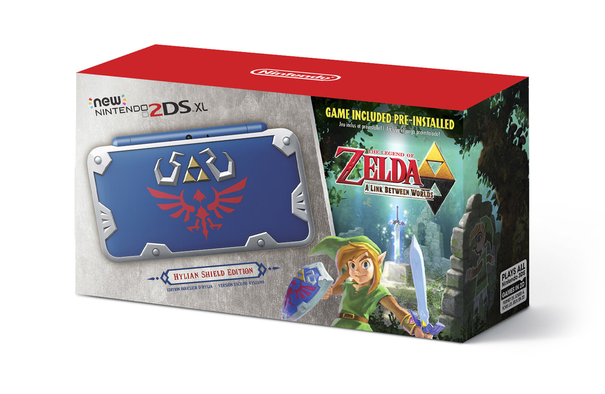 The beautifully adorned box of the upcoming Hylian Shield Edition New Nintendo 2DS XL