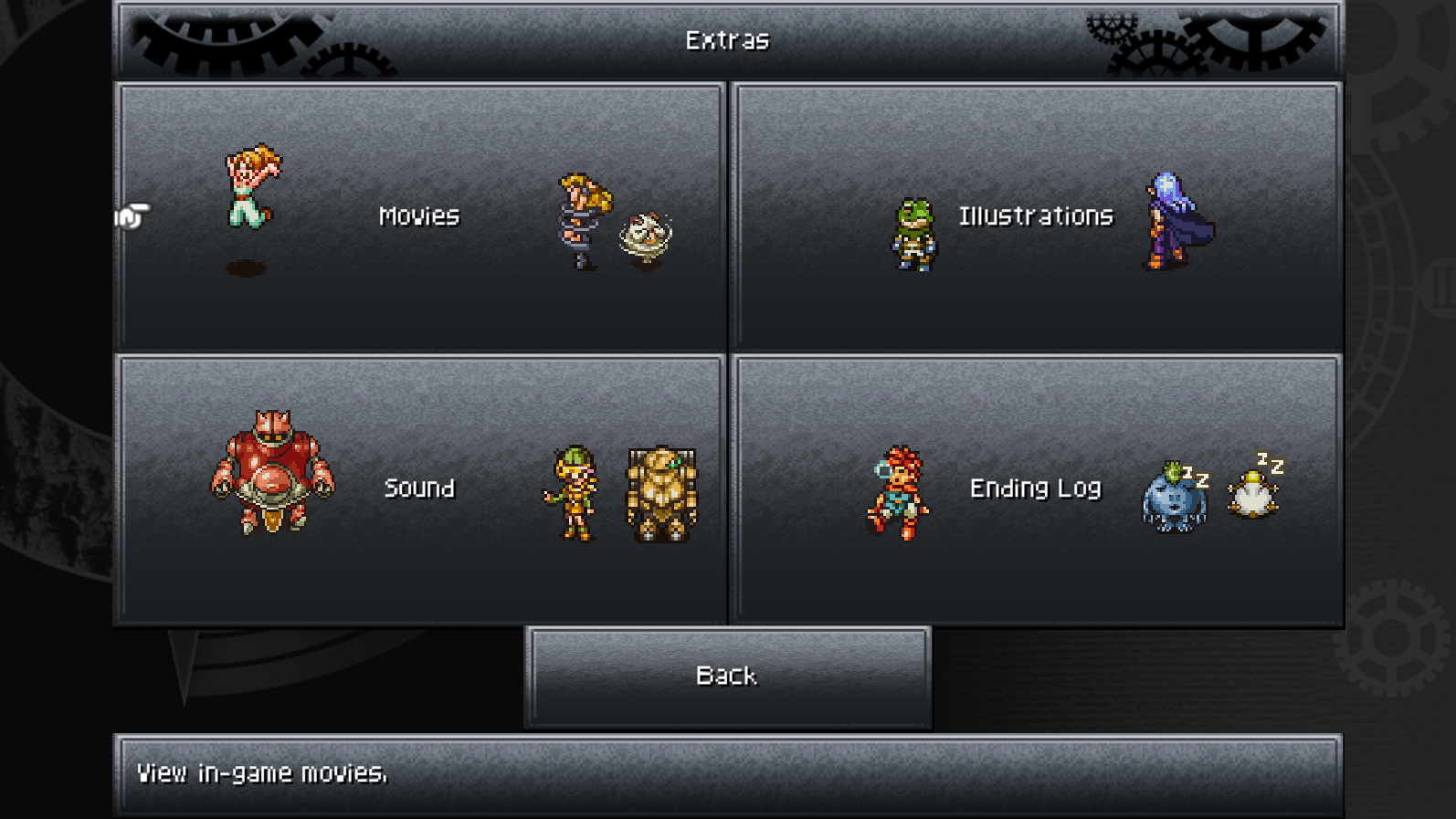 The newly added extras menu from Chrono Trigger for PC.