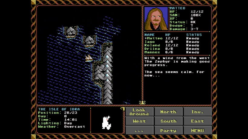 Classic Ultima-style overworld graphics with a ship sailing towards an island