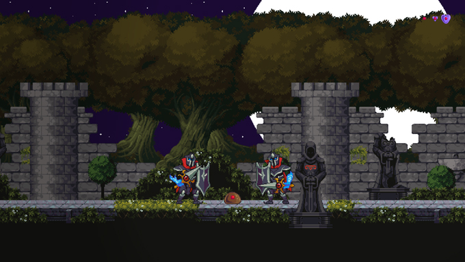 Knights in a courtyard, surrounding a slime