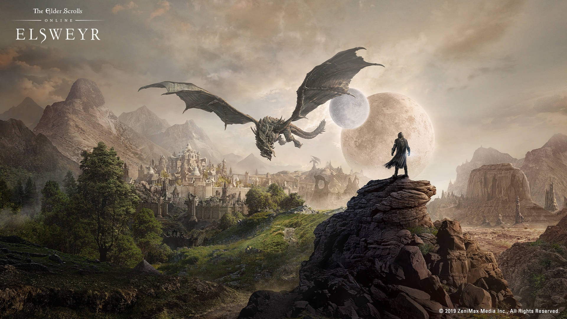 A dragon looms in this wallpaper for The Elder Scrolls Online: Elsweyr.